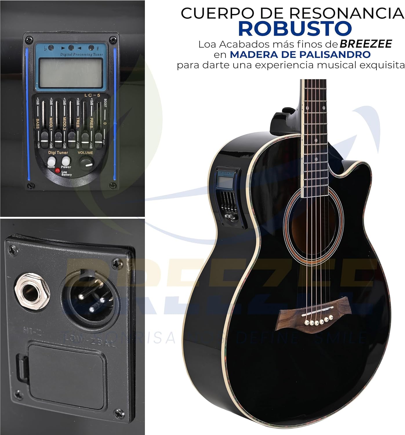 BREEZEE Guitarra Electroacústica de 40” Diseñada sobre Abeto, Merbau, Okume y Palisandro. Acabado de Barniz en Pulverización, Incluye Set de Accesorios Completo para Principiante