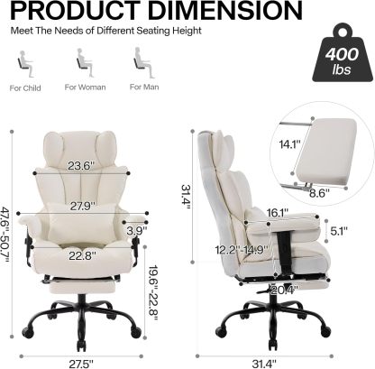 Gzagdecr - Silla de oficina grande y alta de 400 libras, silla de juego de piel sintético con respaldo alto, silla reclinable, silla de oficina ergonómica ejecutiva, soporte lumbar, silla de