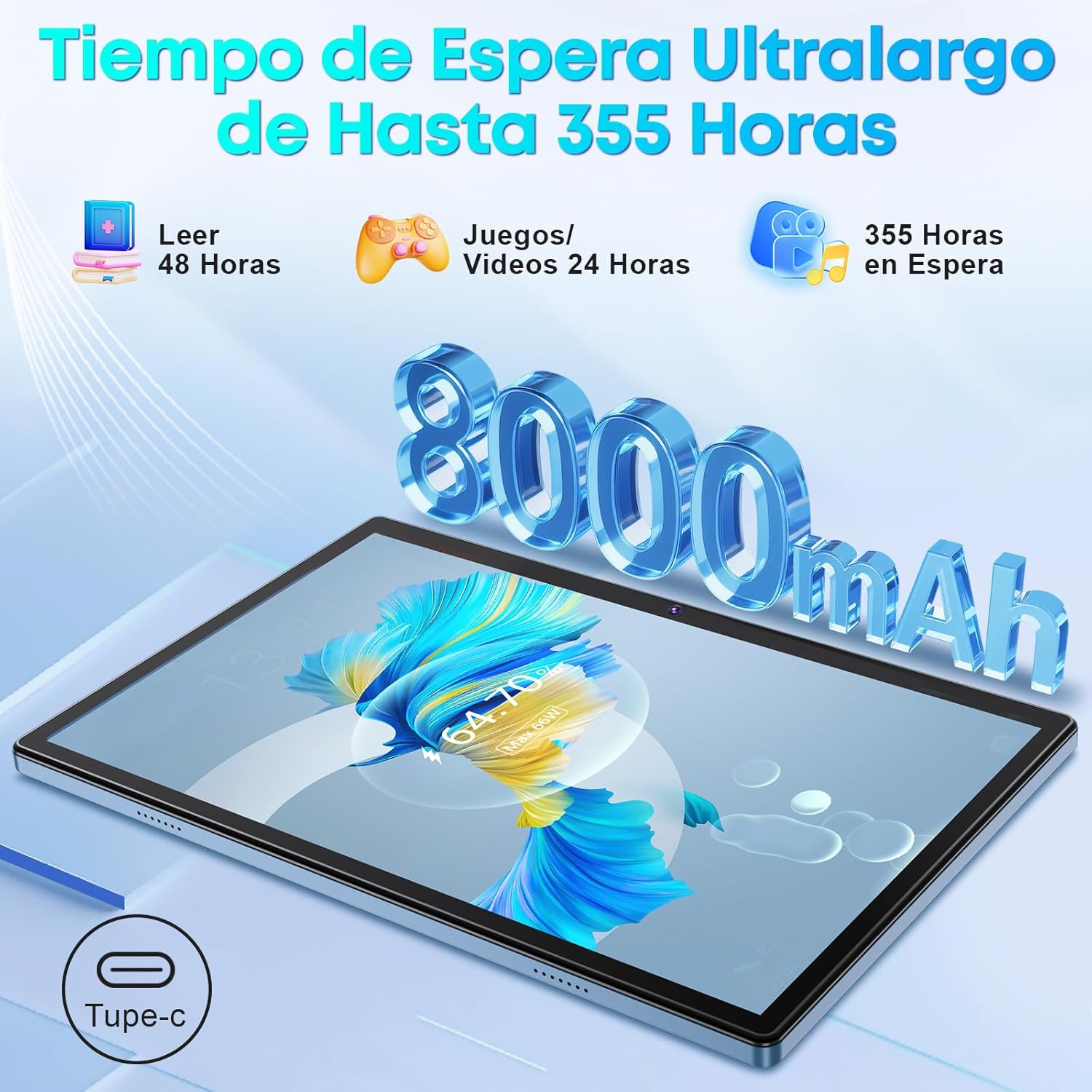 Tablet Android 14, 10.1 Pulgadas Tablets de 8 CPU, 16GB RAM 512GB ROM, 1280x800 HD, Tableta con Cámara Dual 8MP + 5MP, 8000mAh con 2 Protector Pantalla, Teclado, Funda, Mouse Inalámbrico, Lápiz (Azul)