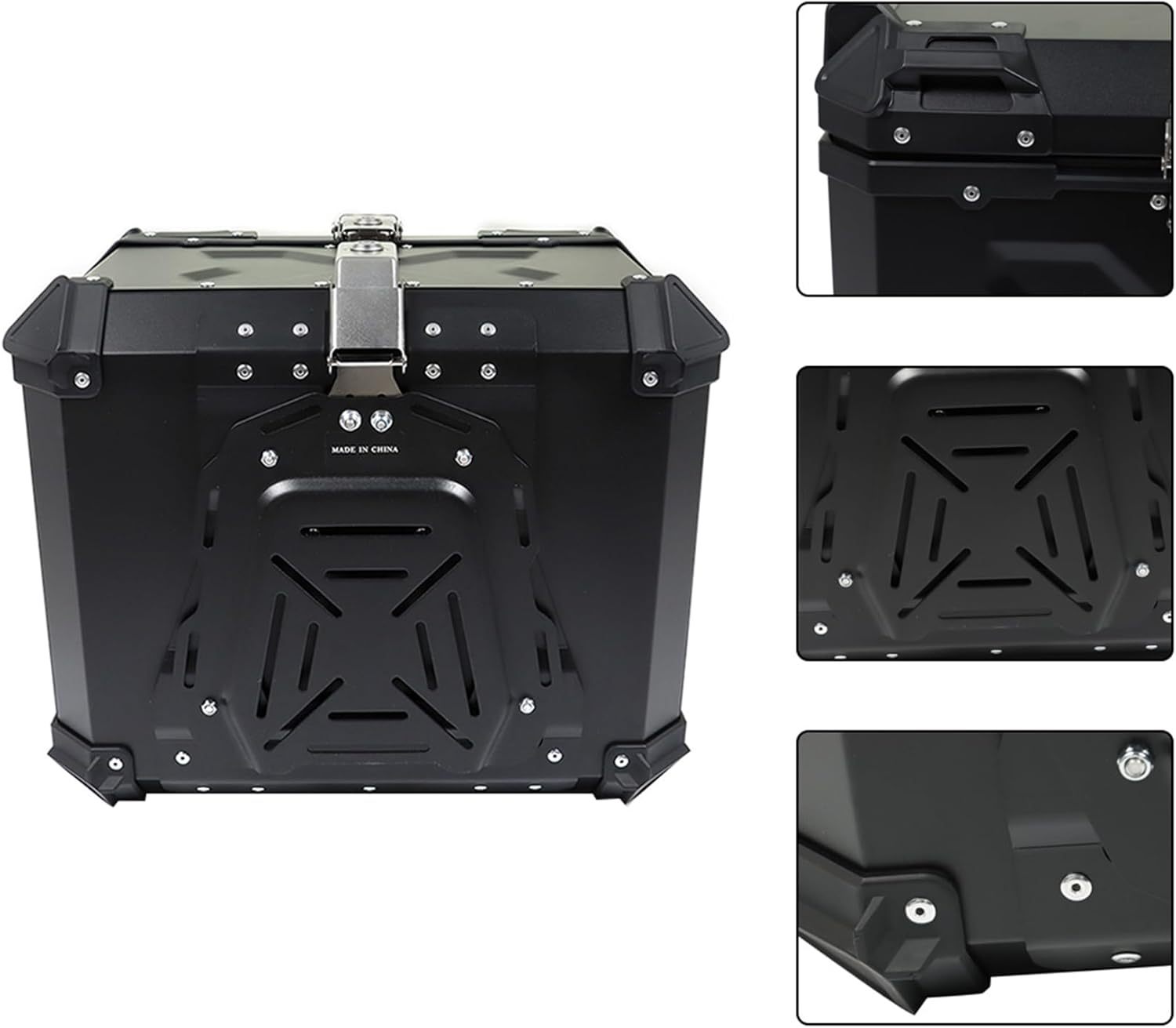 Labwork - Caja trasera para motocicleta de 45 l, con placa de montaje, aleación de aluminio dura, cierre de seguridad contra robo, metal plateado, caja trasera para maletero