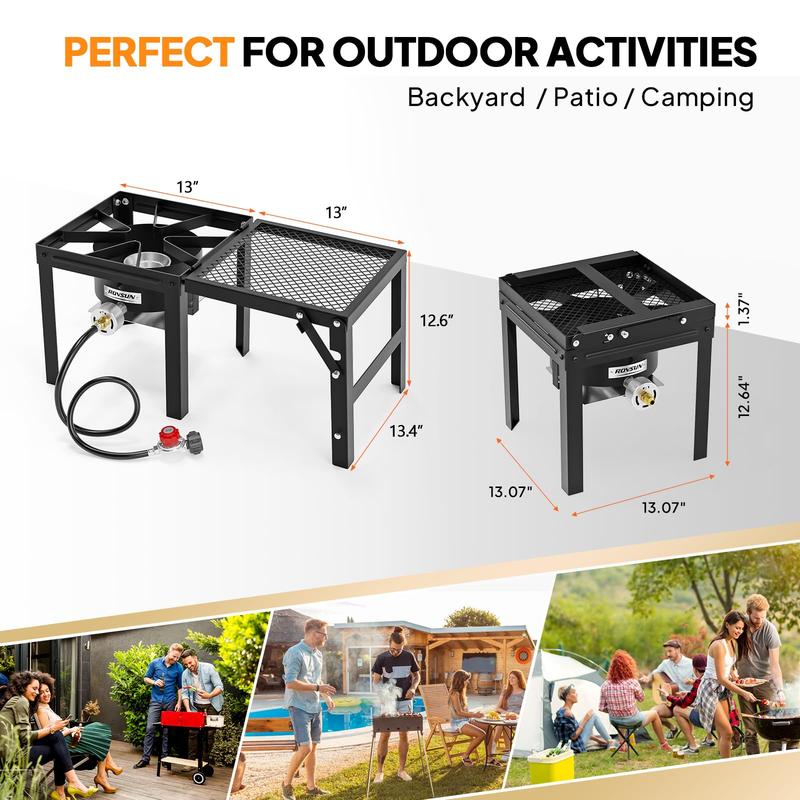 Quemador de propano de alta presión ROVSUN de 100 000 BTU con estante lateral plegable, estufa de gas individual con regulador para cocinar al aire libre, acampar, barbacoas, freír pavo, hervir mariscos y elaborar cerveza casera.