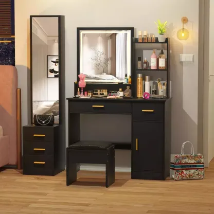 Tocador De Dormitorio Con Luces Led Y Dos Espejos Con Banco
