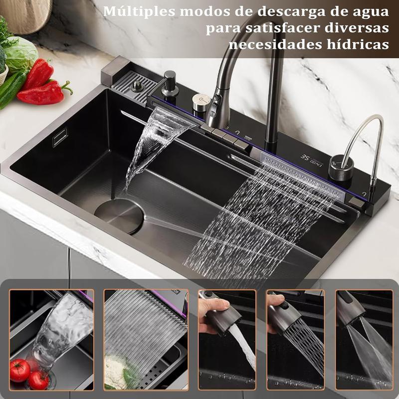 Fregadero de cocina multifuncional,tarjas para cocina acero inoxidable de 75x46 cm con pantalla digital,dispensador de jabón,tabla de cortar de doble cara fregadero de lujo con varios accesorios
