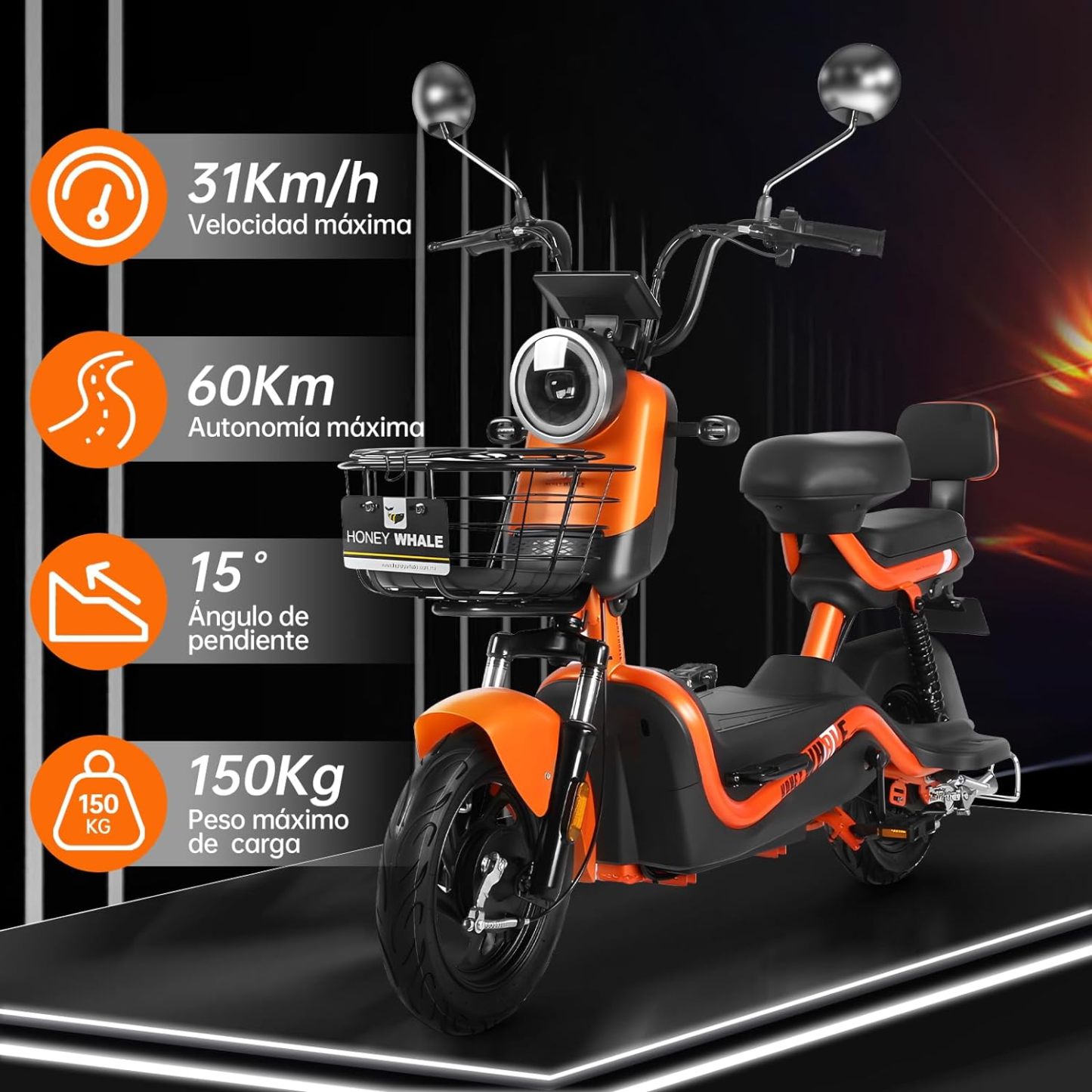 HONEYWHALE U3s Bicicleta eléctrica para adultos, bicicleta eléctrica con alarma, motor máximo 650W, velocidad máxima 31KM/H, autónoma 55-60KM, batería de gran capacidad 20AH, dos asientos----luces de coche