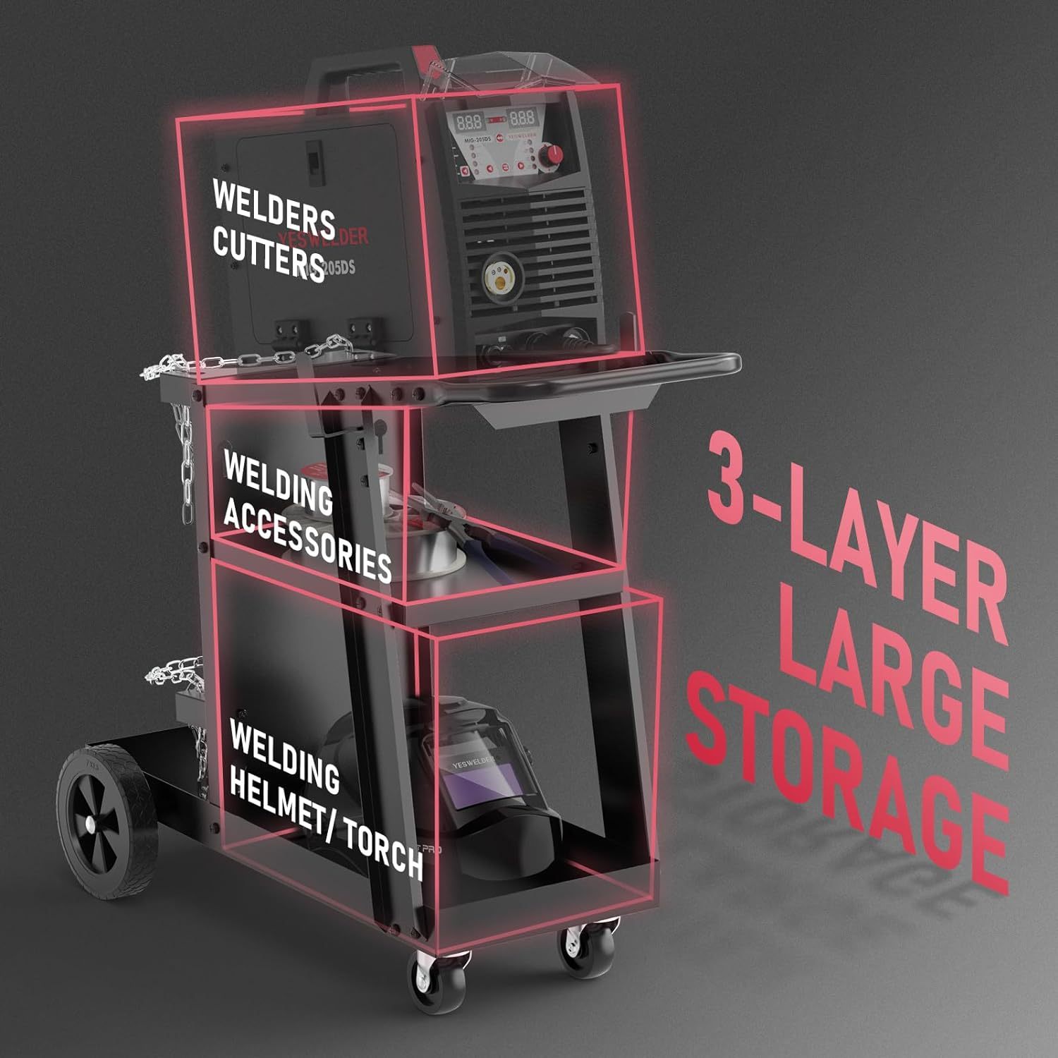 YESWELDER Carro de soldadura con 4 cajones para soldador MIG TIG y cortador de plasma, resistente y de gran capacidad de almacenamiento 360°