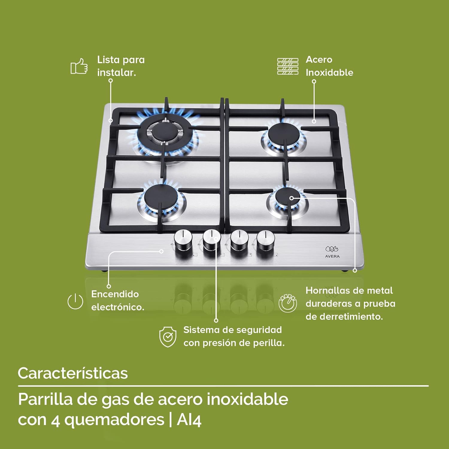 Parrilla de gas AVERA 4 fuegos, 60 cm de acero inoxidable (incluidos accesorios de montaje), encendido electrónico, pomos metálicos, placa integrada, apta para GLP y gas natural, AI4