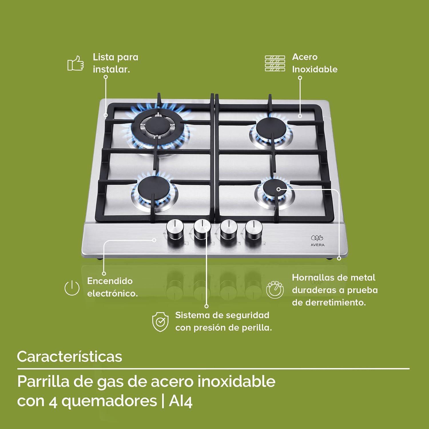 Parrilla de gas AVERA 4 fuegos, 60 cm de acero inoxidable (incluidos accesorios de montaje), encendido electrónico, pomos metálicos, placa integrada, apta para GLP y gas natural, AI4