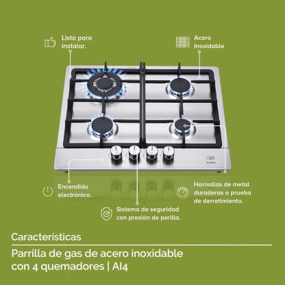 Parrilla de gas AVERA 4 fuegos, 60 cm de acero inoxidable (incluidos accesorios de montaje), encendido electrónico, pomos metálicos, placa integrada, apta para GLP y gas natural, AI4