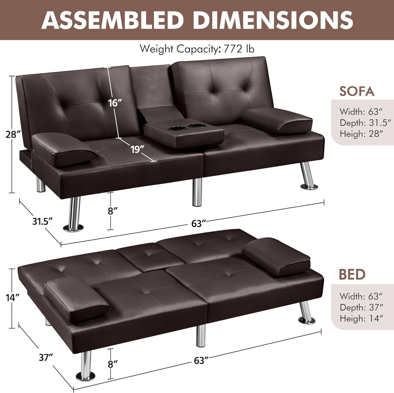 Yaheetech - Sofá cama convertible ajustable, moderno sillón reclinable, piel sintética, plegable, cama de invitados, reposabrazos extraíbles, portavasos 3 ángulos, capacidad de 317 kg, blanco
