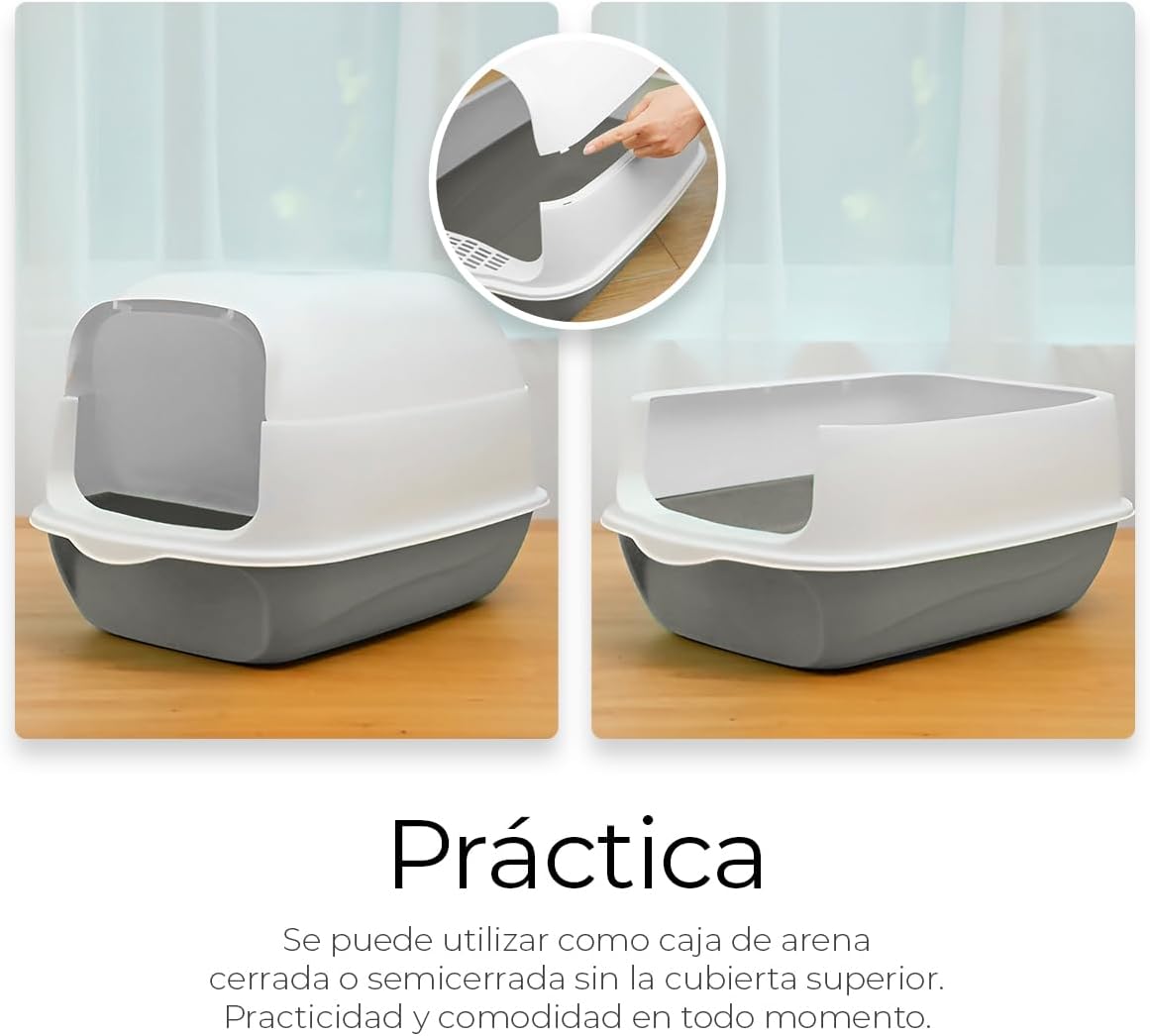 Raganet, Arenero/Inodoro para Gato Cerrado de 50cm X 35cm X 33cm, Caja de Arena para Gatos con Tapa y Puerta Abatible, Antiolores, Facil de Limpiar, Incluye Pala (Gris)