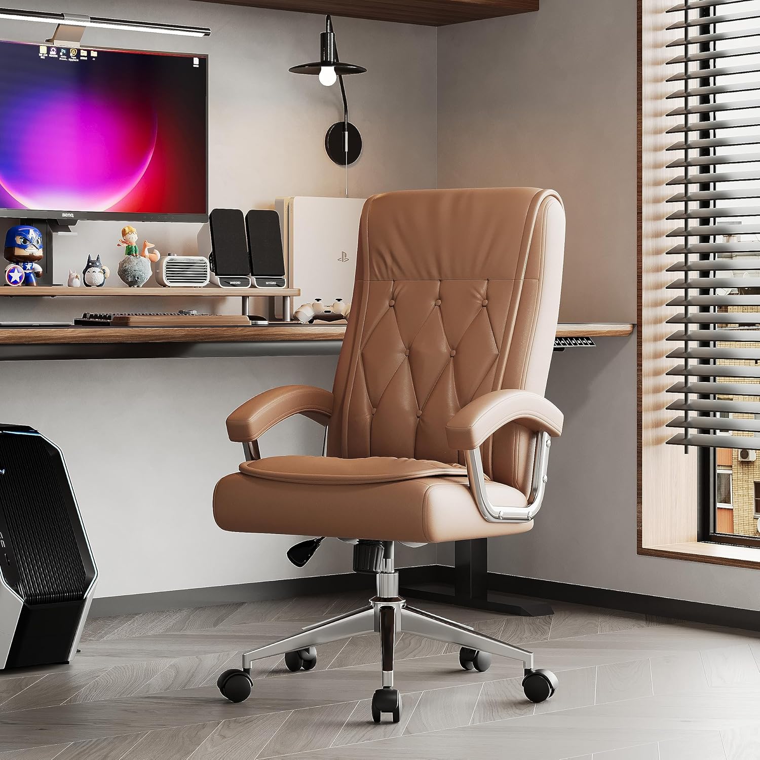 Hoxne - Silla de oficina ejecutiva de piel con brazos y ruedas, respaldo alto, silla ergonómica de computadora de computadora, altura ajustable, silla de computadora de oficina, capacidad de 350