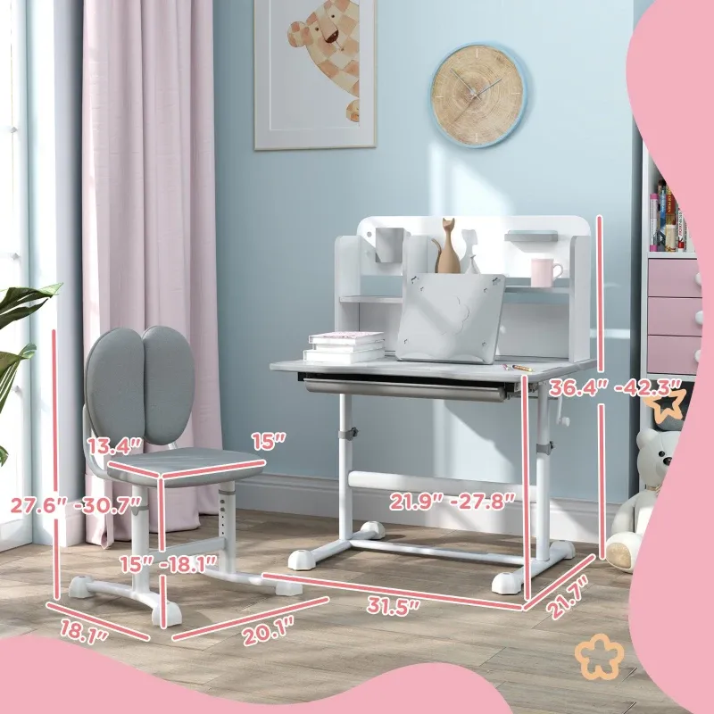 Qaba Juego de escritorio y silla para niños de altura ajustable para escribir y dibujar con escritorio inclinable, cajón de almacenamiento y estante de lectura