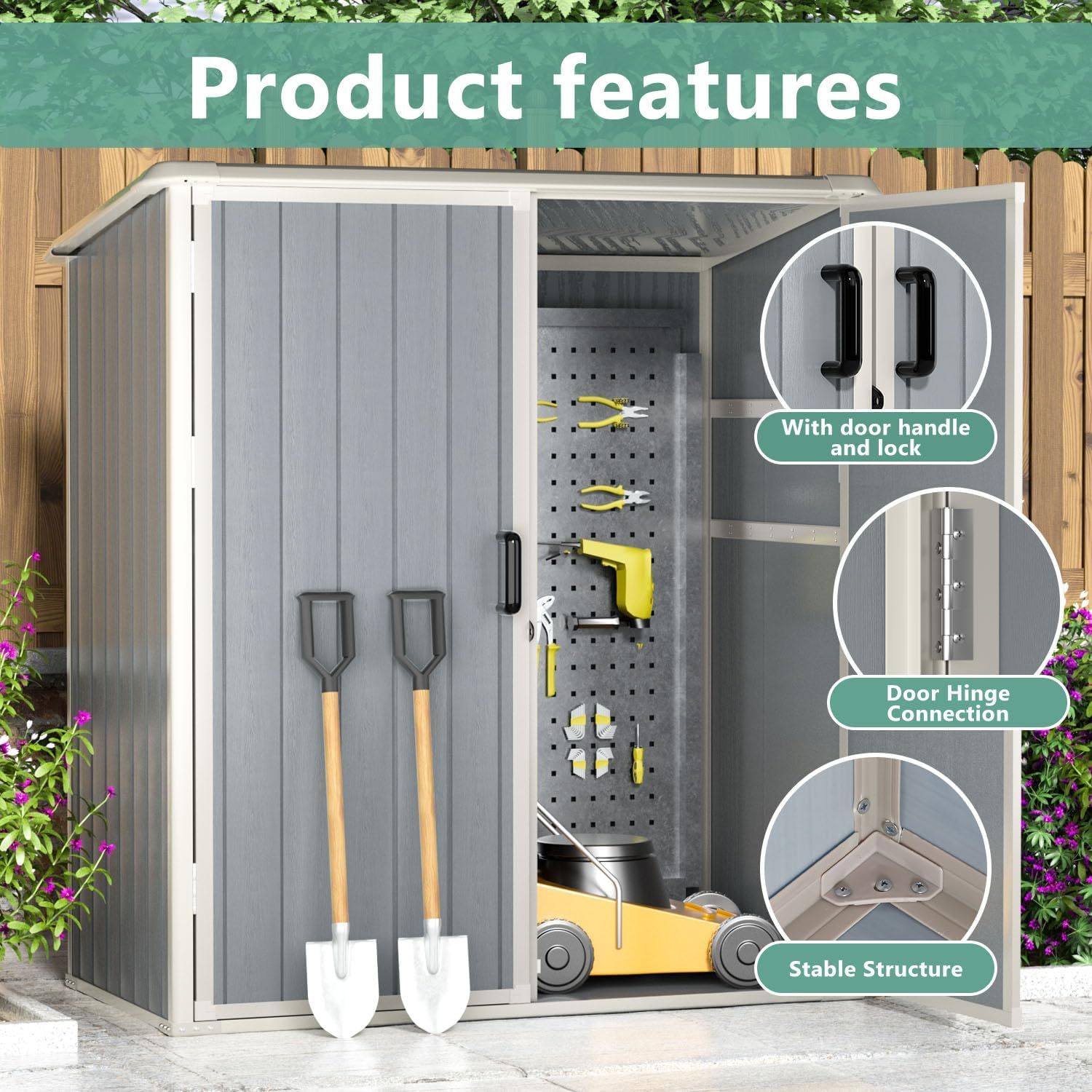 Aoxun - Cobertizo de almacenamiento para exteriores de 5 x 3 pies, cobertizo de resina con piso y puerta con cerradura, cobertizos de plástico para bote de basura, herramienta, accesorios, césped