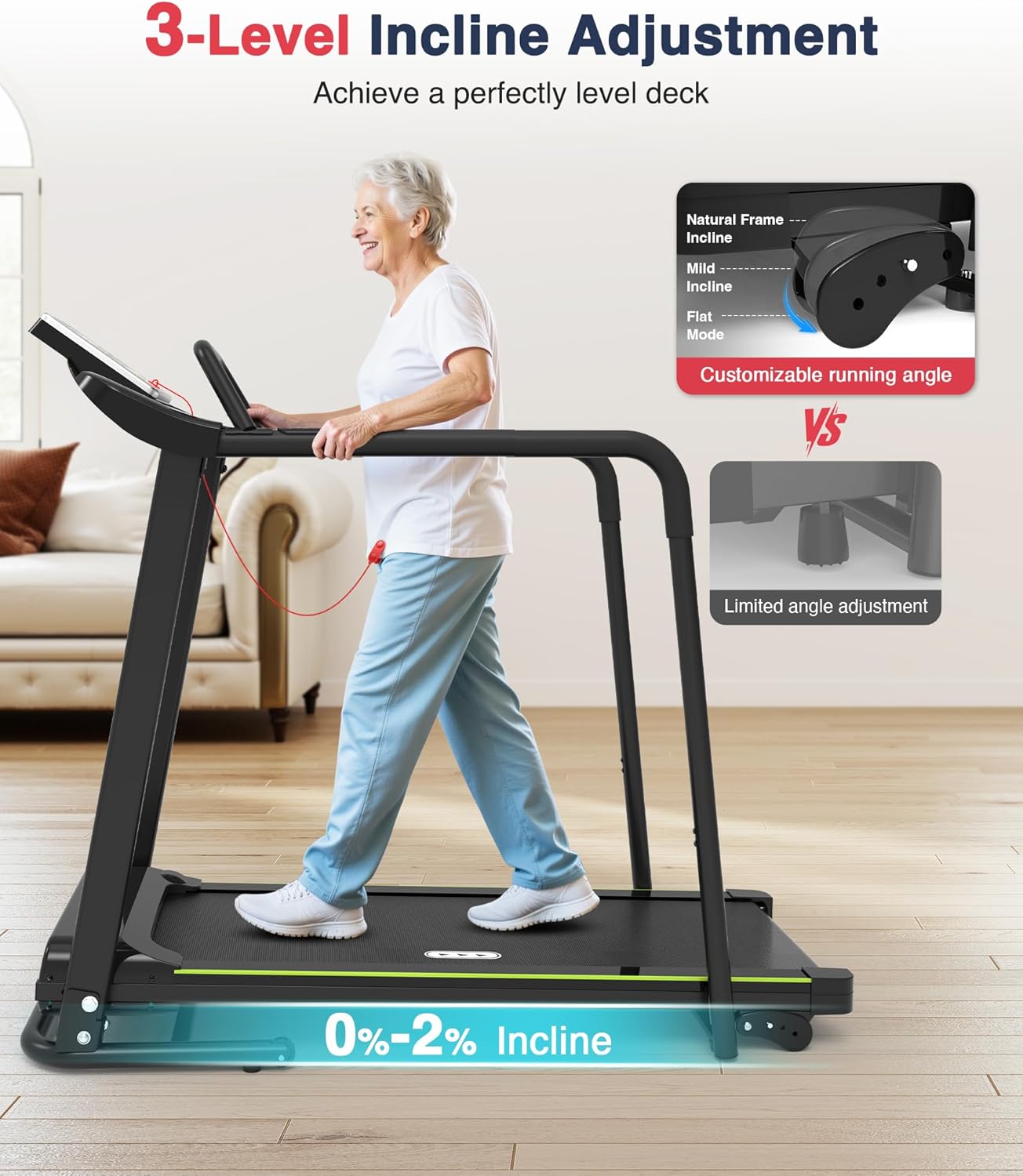 Redliro - Cinta de correr para caminar con pasamanos largos para equilibrio, mÃ¡quina de ejercicio de recuperaciÃ³n de fitness, plegable para uso domÃ©stico con soporte para telÃ©fono y taza