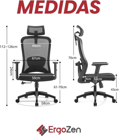 ERGOZEN Silla de Oficina Ergonómica Ejecutiva. Silla Escritorio con Cabecera y Soporte Lumbar Ajustable, Silla ergonomica de Escritorio con Respaldo de Malla y reposabrazos Ajustable.