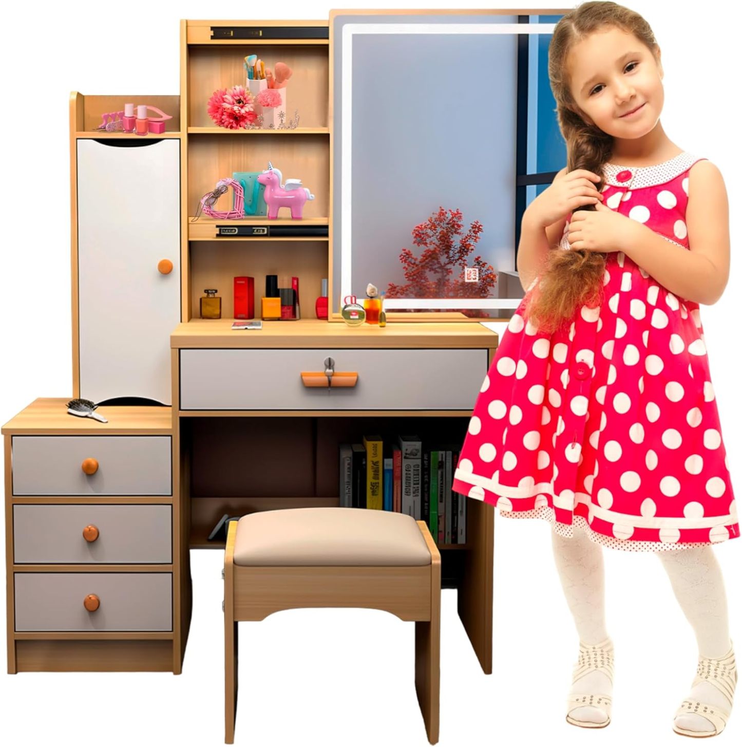 Bluelander Tocador De Niña, Tocador Vanity, Tocador para Niña, Vanity Tocador Hollywood, Tocador de Maquillaje con 4 Cajones, Estantes Ocultos, Incluye Taburete Acolchado, Espejo Led (Gris Claro)