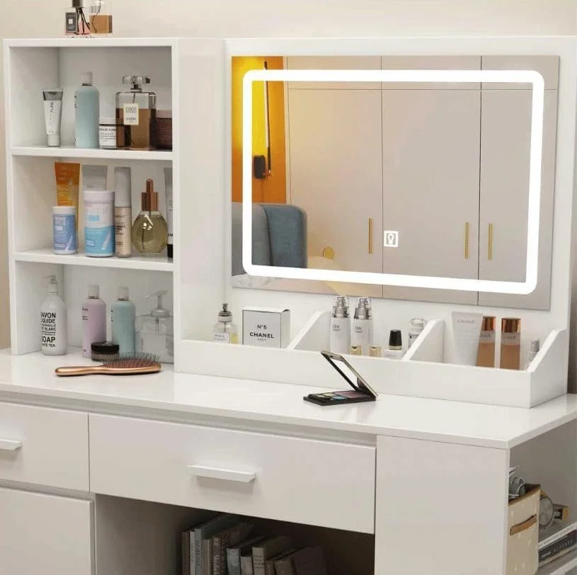 Tocador,Tocador de Maquillaje con Luces de Espejo, Vanity Tocador con 5 Cajones,Estantes de Almacenamiento,Taburete Acolchado, Tocador con 3 Estantes, Mesa de Maquillaje para Dormitorio Blanco