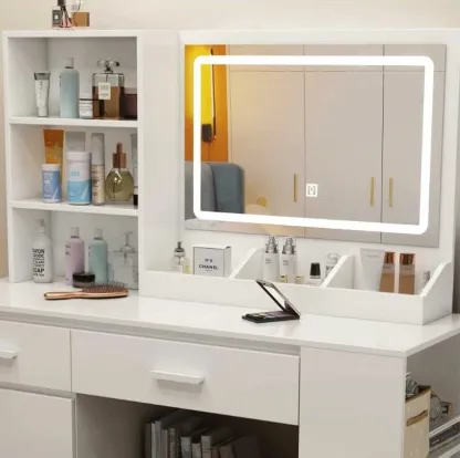 Tocador,Tocador de Maquillaje con Luces de Espejo, Vanity Tocador con 5 Cajones,Estantes de Almacenamiento,Taburete Acolchado, Tocador con 3 Estantes, Mesa de Maquillaje para Dormitorio Blanco