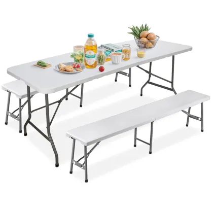 Mesa Plegable de 1.8 m con 2 Bancos, HDPE Impermeable, Soporta 159 kg, para Camping, Picnic y Exteriores