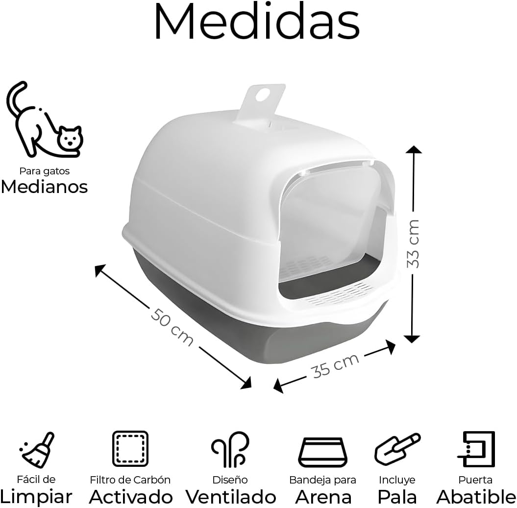 Raganet, Arenero/Inodoro para Gato Cerrado de 50cm X 35cm X 33cm, Caja de Arena para Gatos con Tapa y Puerta Abatible, Antiolores, Facil de Limpiar, Incluye Pala (Gris)