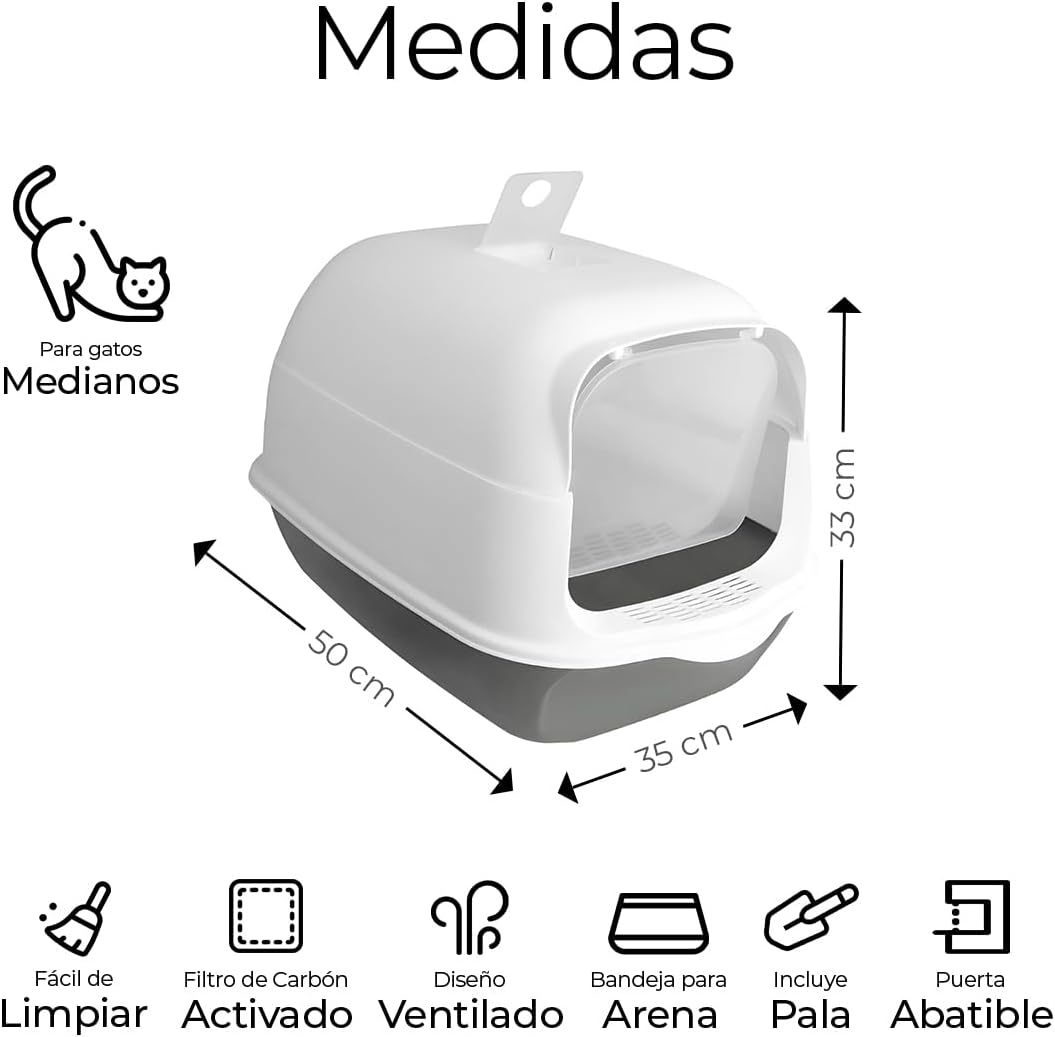 Raganet, Arenero/Inodoro para Gato Cerrado de 50cm X 35cm X 33cm, Caja de Arena para Gatos con Tapa y Puerta Abatible, Antiolores, Facil de Limpiar, Incluye Pala (Gris)