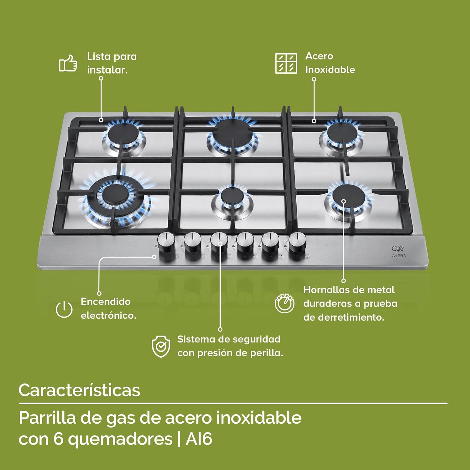 AVERA Parrilla de Gas 6 Quemadores 86cm, Acero Inoxidable Color Negro, Empotrable, Soportes de Hierro Fundido, Encendido Electronico, Estufa Empotrable, Compatible con Gas LP y Gas Natural, AI6N