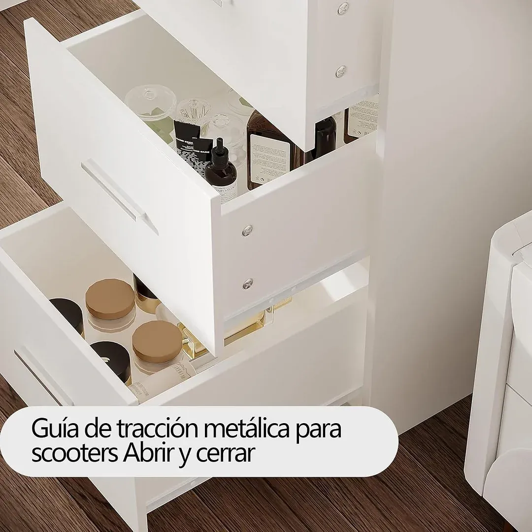 Tocador,Tocador de Maquillaje con Luces de Espejo, Vanity Tocador con 5 Cajones,Estantes de Almacenamiento,Taburete Acolchado, Tocador con 3 Estantes, Mesa de Maquillaje para Dormitorio Blanco