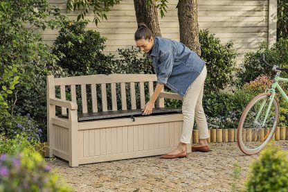 Keter Banco de jardín Eden, Caja de Almacenamiento de Jardin, Cerradura, Polipropileno, Blanco y Marrón