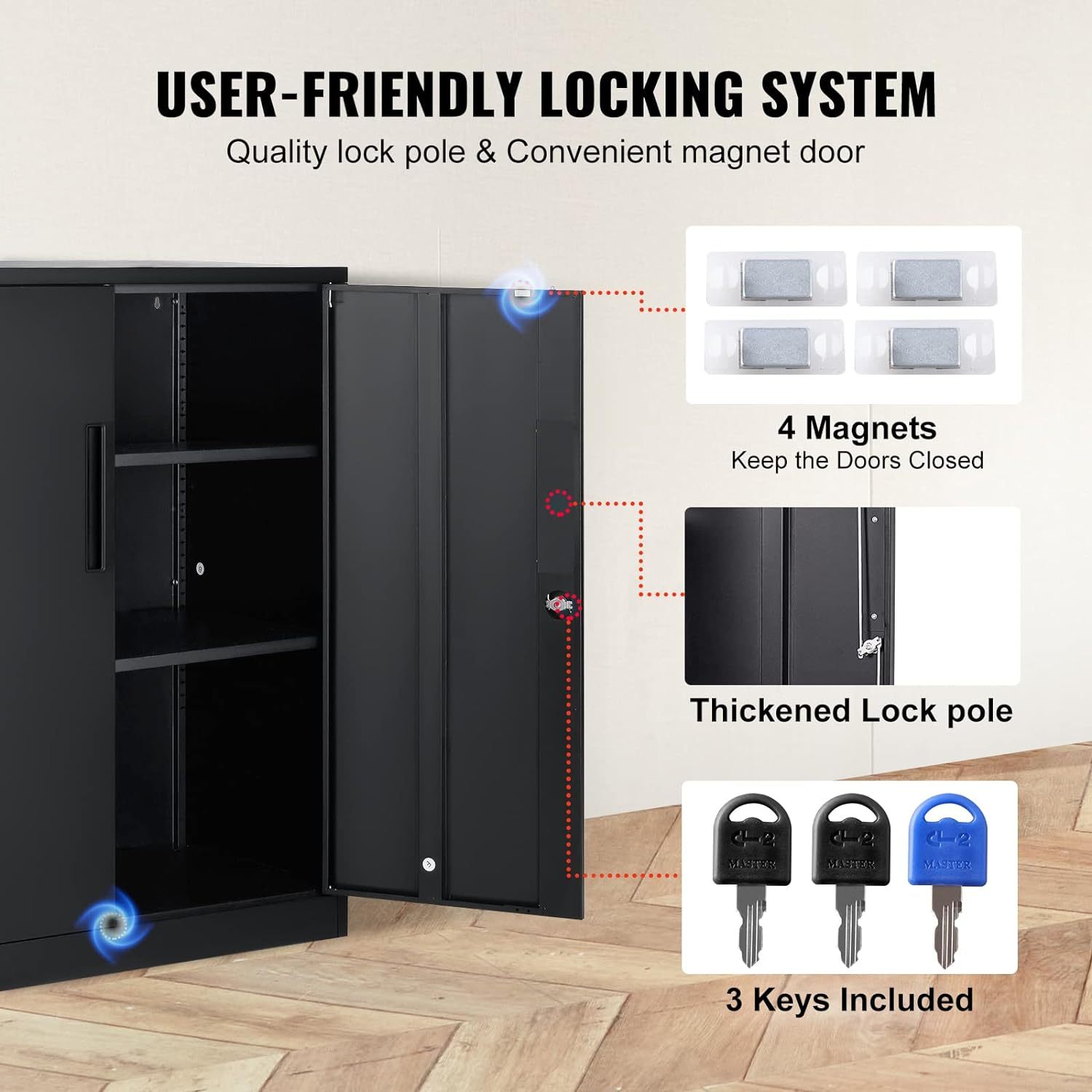 Metal Storage Cabinet with Wheels, 75'' Locking Steel Storage Cabinet with 2 Magnetic Doors and 4 Adjustable Shelves for Office, Garage, Home