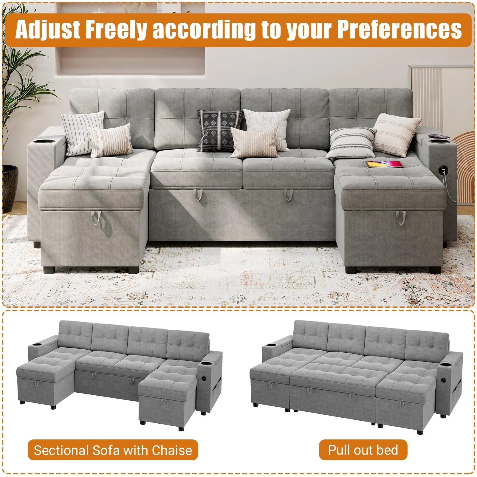 🔥Sofá seccional en forma de U con chaise doble Sofá cama extraíble 2 en 1 USB-A tipo C