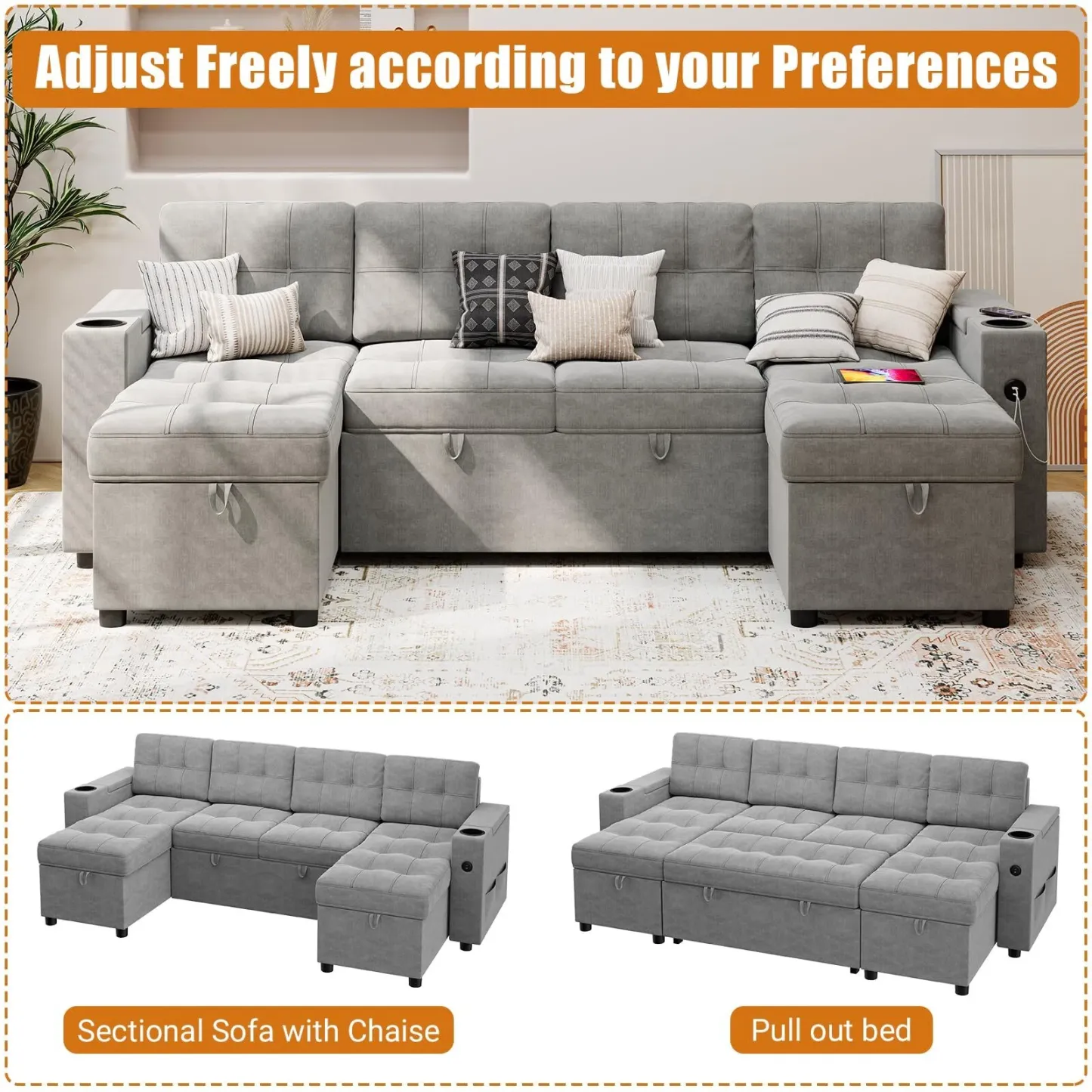 🔥Sofá seccional en forma de U con chaise doble Sofá cama extraíble 2 en 1 USB-A tipo C