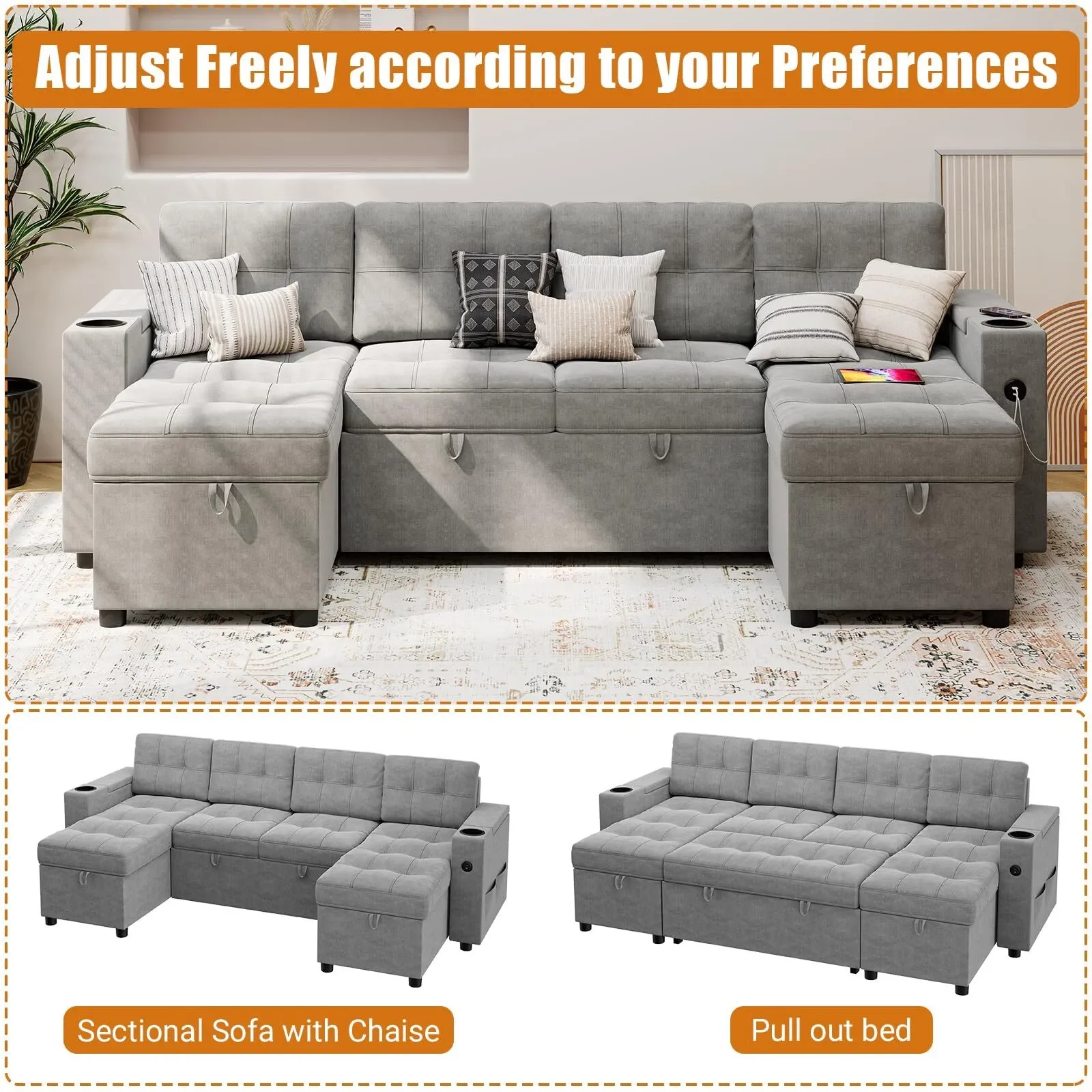 🔥Sofá seccional en forma de U con chaise doble Sofá cama extraíble 2 en 1 USB-A tipo C