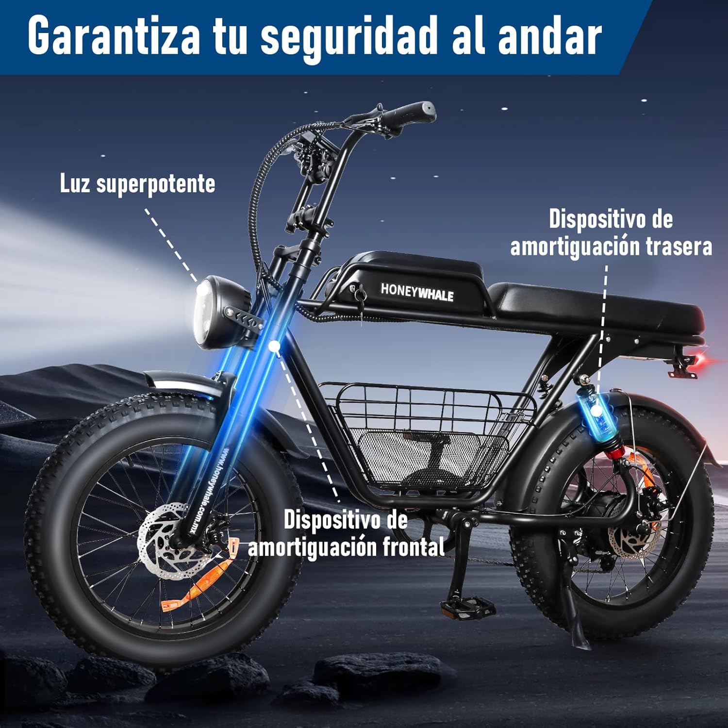 HONEYWHALE K7 Bicicleta Electrica para Adultos, Moto Bicicleta de Montaña de 7 Velocidades, Potencia del motor 1080 W, Velocidad Máxima 48KM/H, Batería (48V, 15AH), Autonomía 40-45KM