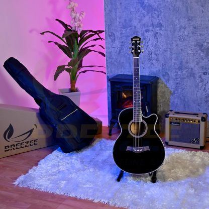 BREEZEE Guitarra Electroacústica de 40” Diseñada sobre Abeto, Merbau, Okume y Palisandro. Acabado de Barniz en Pulverización, Incluye Set de Accesorios Completo para Principiante
