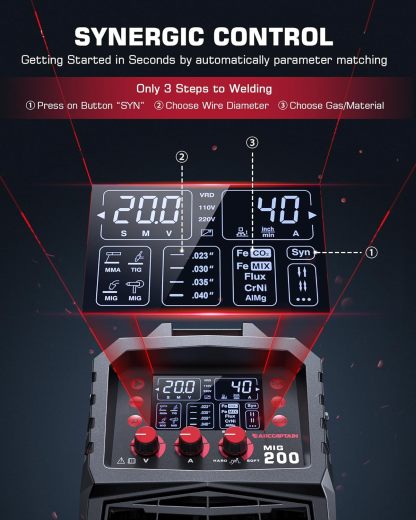 ARCCAPTAIN MIG Soldador, 200 amperios 6 en 1 gas MIG/núcleo de flujo sin gas MIG/Stick/Lift TIG/soldadura por punto/pistola de carrete 110 V/220 V de aluminio multiproceso máquina de soldadura con