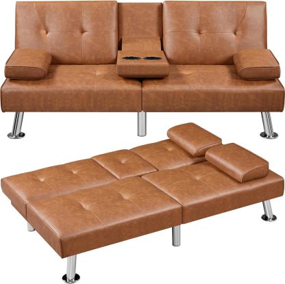 Yaheetech - Sofá cama convertible ajustable, moderno sillón reclinable, piel sintética, plegable, cama de invitados, reposabrazos extraíbles, portavasos 3 ángulos, capacidad de 317 kg, blanco