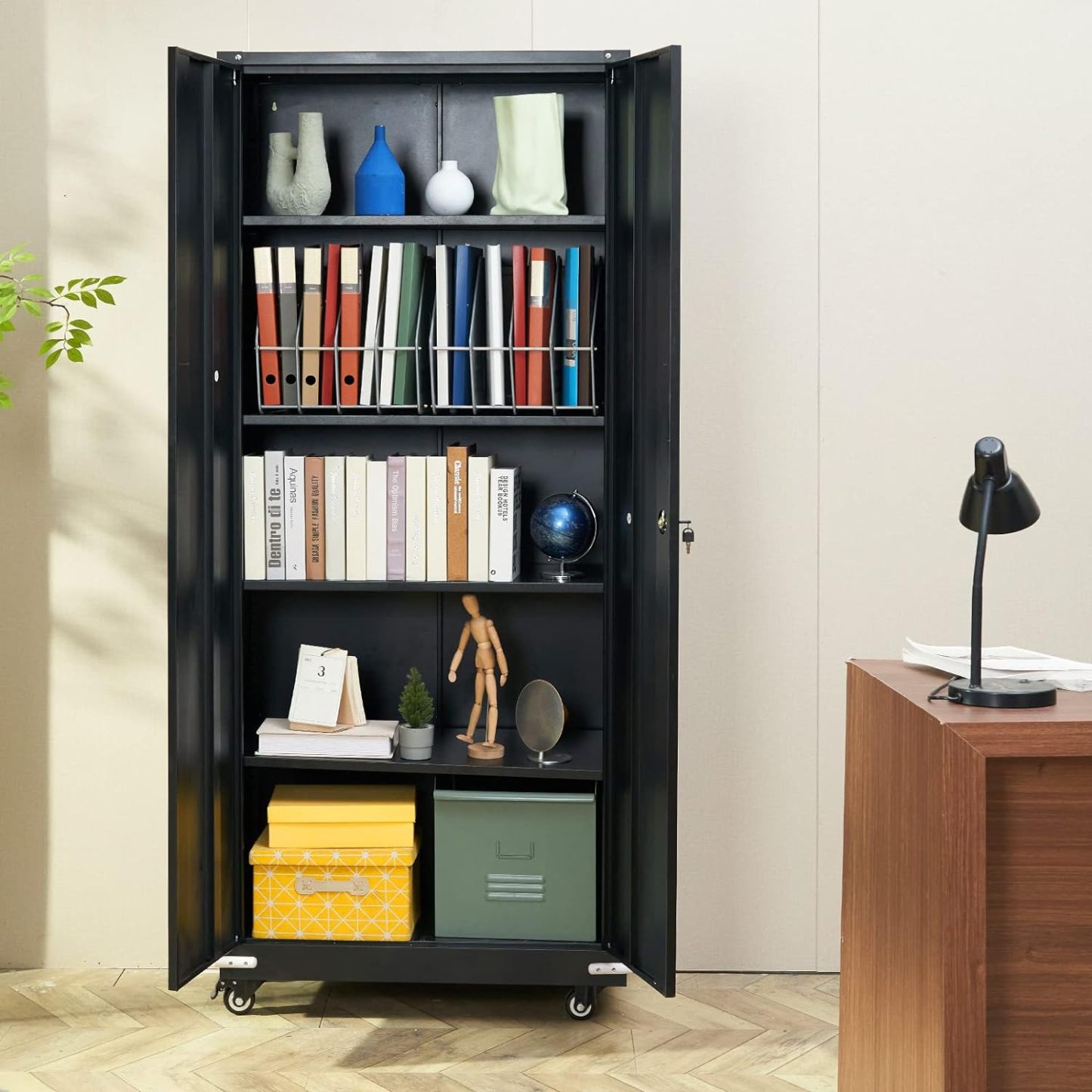 Metal Storage Cabinet with Wheels, 75'' Locking Steel Storage Cabinet with 2 Magnetic Doors and 4 Adjustable Shelves for Office, Garage, Home