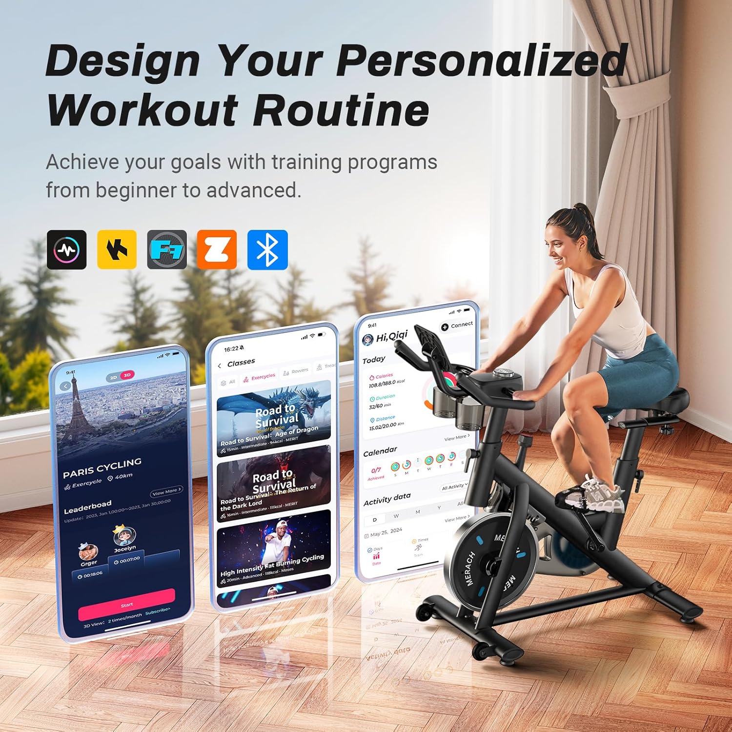 MERACH - Bicicleta de ejercicio, almohadilla de freno/bicicleta estática magnética con aplicación exclusiva, bicicleta de ciclismo interior de bajo ruido con capacidad de peso de 270 libras, estante