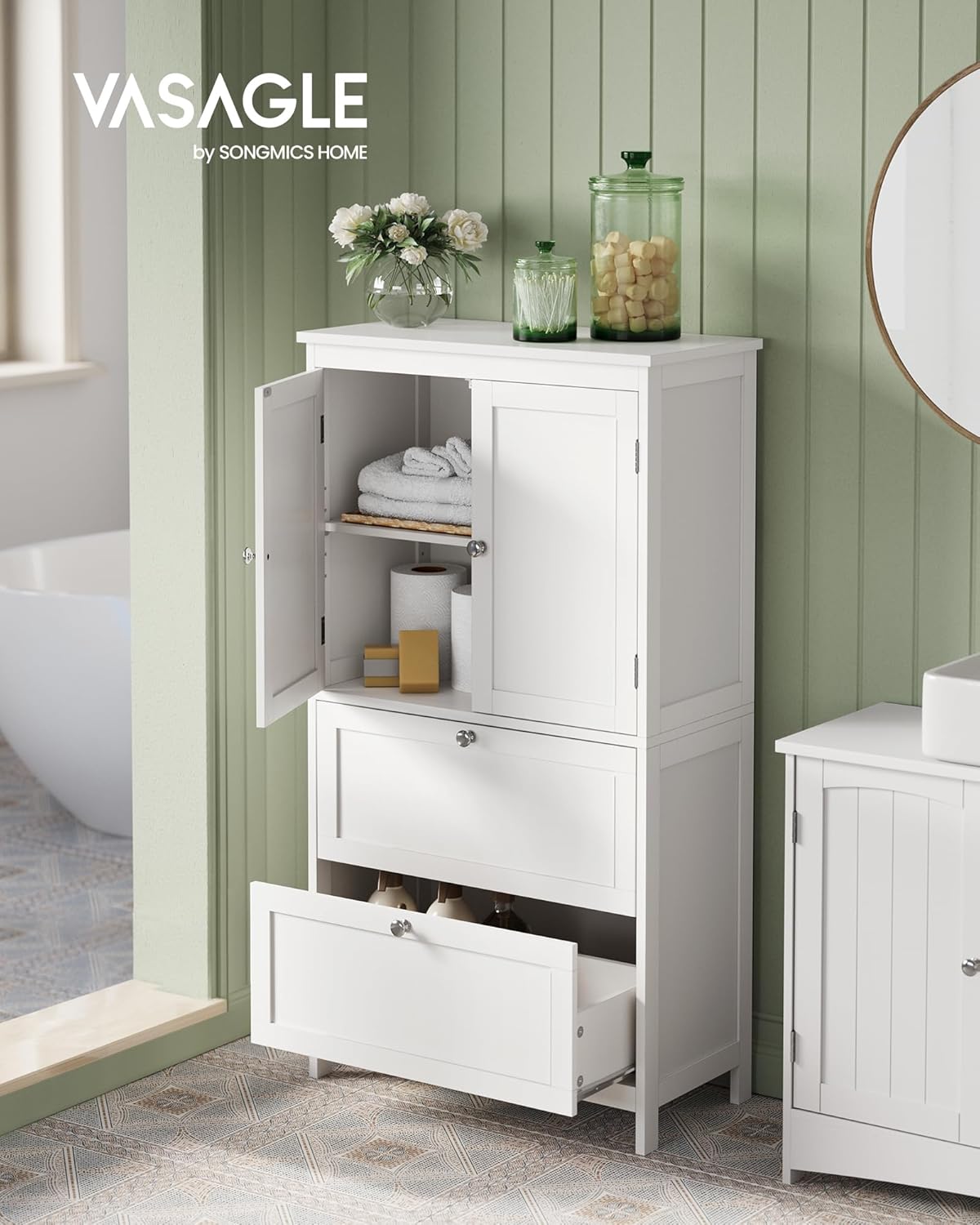 VASAGLE - Clóset de almacenamiento para piso de baño, mueble no empotrado, estantes ajustables con 2 cajones y dos puertas, 30 x 60 x 110 cm, blanco, UBBC551P31