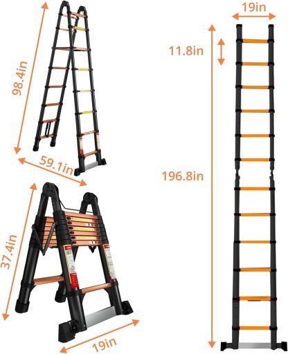 EvaStar - Escalera telescópica con marco A, escaleras telescópicas de aluminio ligeras con estabilizadores triangulares, barra estabilizadora y ruedas, escalera de extensión de capacidad de 350 libras