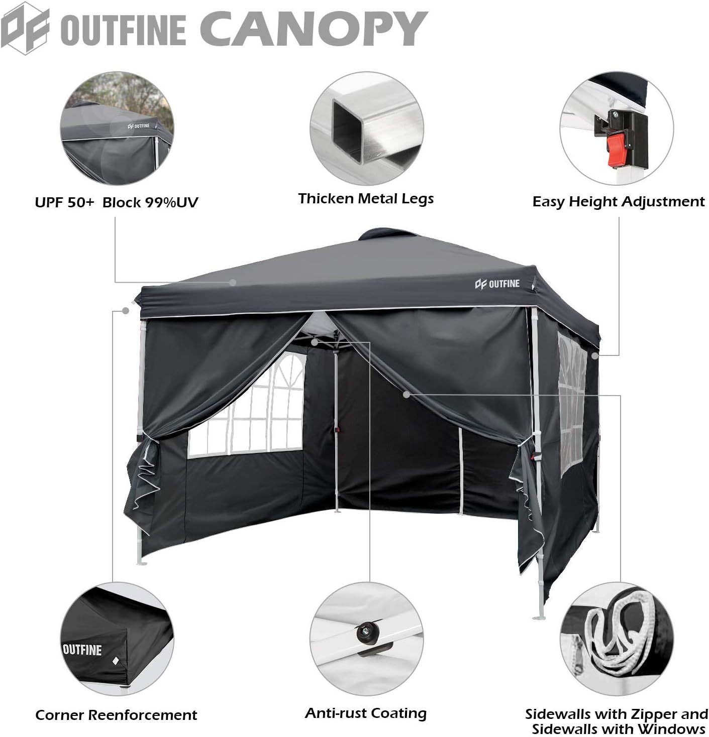 OUTFINE - Toldo desplegable de 10 x 10 pies, para cenador instantáneo, totalmente impermeable, toldos para fiestas al aire última intervensión con 4 paredes laterales extraíbles, estacas x 8, cuerdas x 4 (negro, 10 x 10 pies)