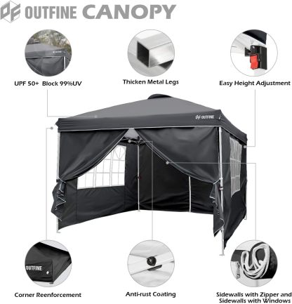 OUTFINE - Toldo desplegable de 10 x 10 pies, para cenador instantáneo, totalmente impermeable, toldos para fiestas al aire última intervensión con 4 paredes laterales extraíbles, estacas x 8, cuerdas x 4 (negro, 10 x 10 pies)