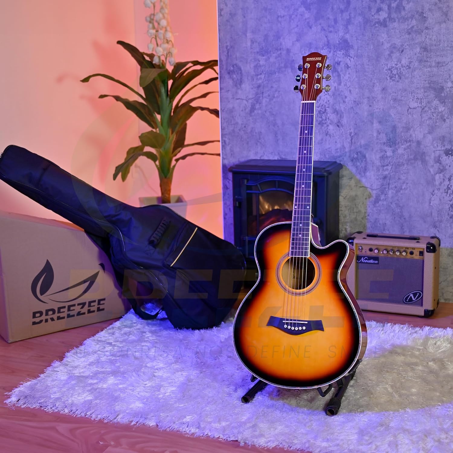 BREEZEE Guitarra Electroacústica de 40” Diseñada sobre Abeto, Merbau, Okume y Palisandro. Acabado de Barniz en Pulverización, Incluye Set de Accesorios Completo para Principiante