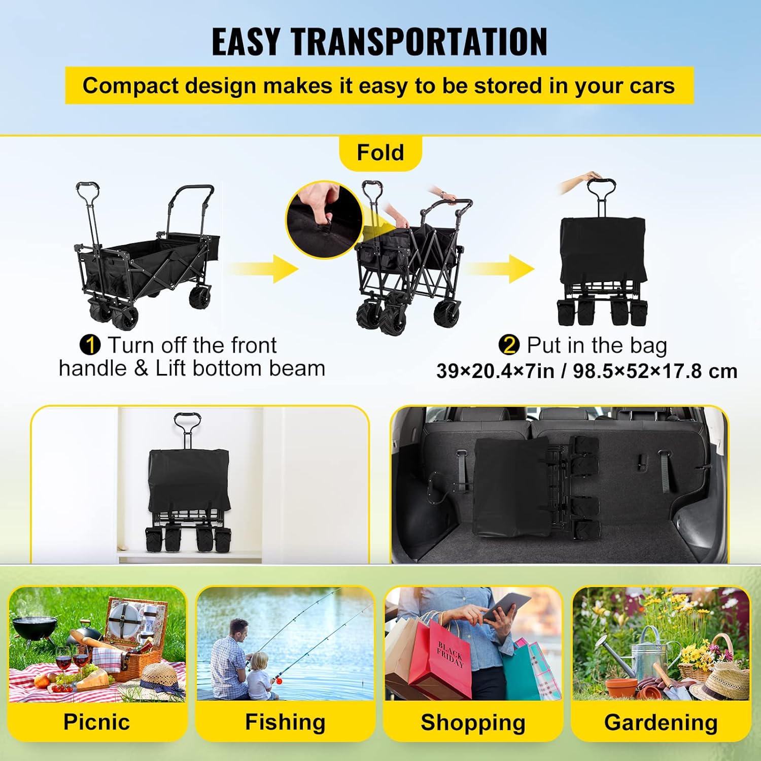 Happbuy - Carrito de jardín Plegable Extragrande con toldo extraíble