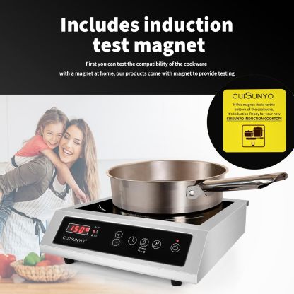 Cocina de inducción comercial 500-3500 W, 240 V, portátil, 10 niveles de potencia, quemador de encimera con 12 ajustes de temporizador, 140 a 550 °F y visualización LCD, estufa eléctrica de acero