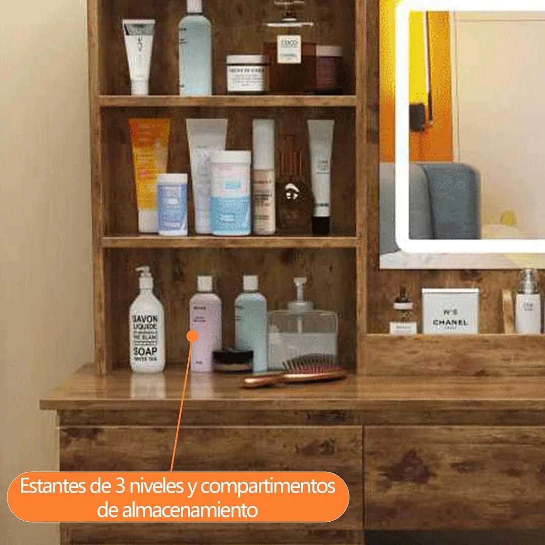 Tocador,Tocador de Maquillaje con Luces de Espejo, Vanity Tocador con 5 Cajones,Estantes de Almacenamiento,Taburete Acolchado, Tocador con 3 Estantes, Mesa de Maquillaje para Dormitorio Blanco