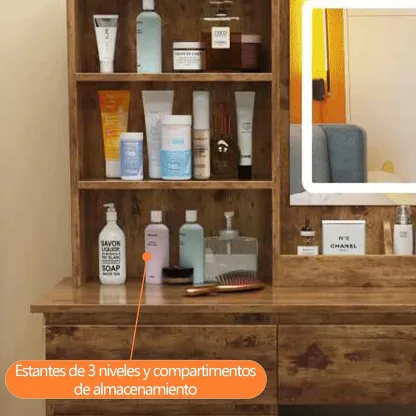 Tocador,Tocador de Maquillaje con Luces de Espejo, Vanity Tocador con 5 Cajones,Estantes de Almacenamiento,Taburete Acolchado, Tocador con 3 Estantes, Mesa de Maquillaje para Dormitorio Blanco