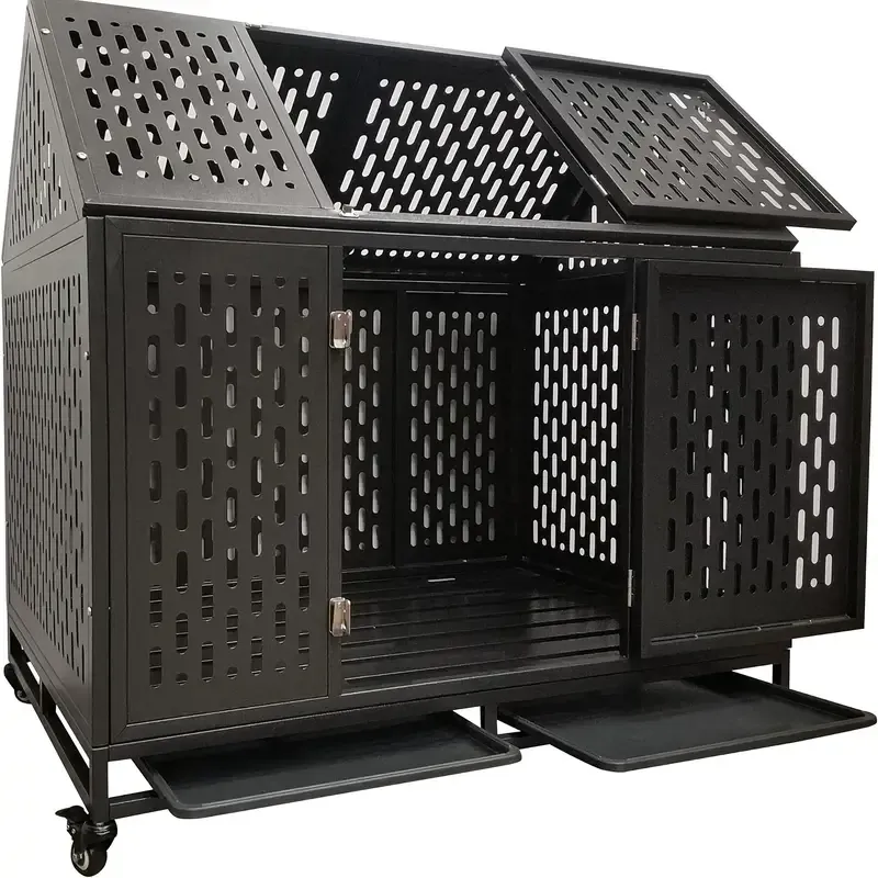 Jaula para perros de alta resistencia, jaula-kennel, techo grande, parque de juegos de metal resistente, adecuado para perros de tamaño grande y mediano, con cuatro cierres resistentes y cuatro ruedas bloqueables, 45 "/ negro