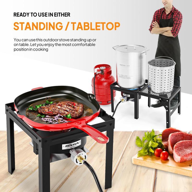 Quemador de propano de alta presión ROVSUN de 100 000 BTU con estante lateral plegable, estufa de gas individual con regulador para cocinar al aire libre, acampar, barbacoas, freír pavo, hervir mariscos y elaborar cerveza casera.