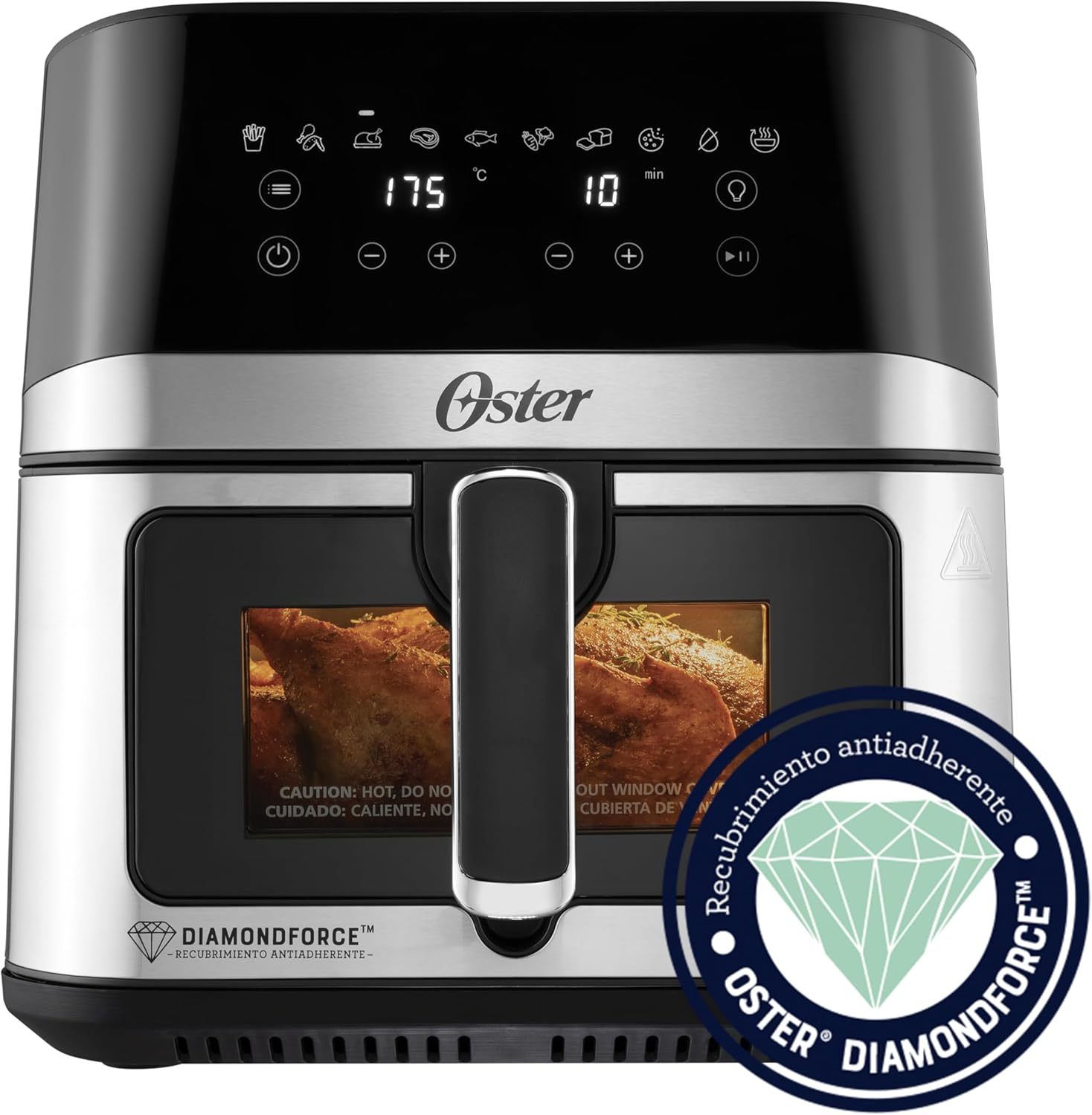 Oster® Freidora de Aire Digital XL 7.5L con Ventana y Luz Interna, Recubrimiento DiamondForce, 10 Programas Automáticos, Modelo CKSTAF75WDSSDF